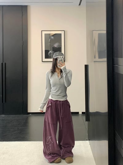 冬季美式復古加絨闊腿褲2