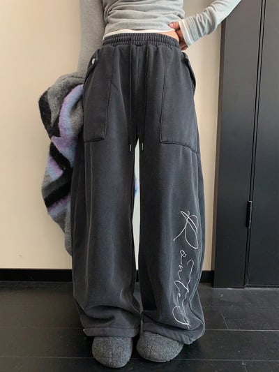 冬季美式復古加絨闊腿褲7