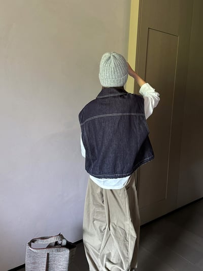 翻領拼格牛仔馬甲下擺繫帶11