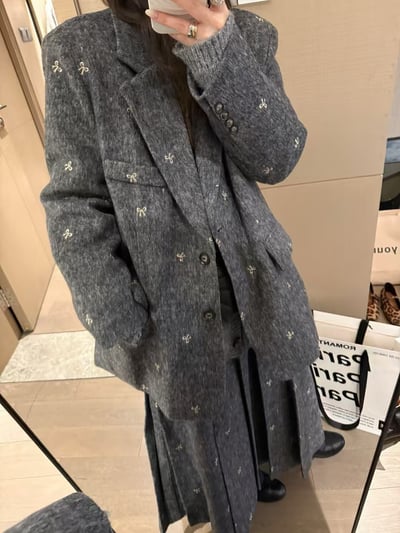 蝴蝶結毛呢半身裙西裝外套套裝12