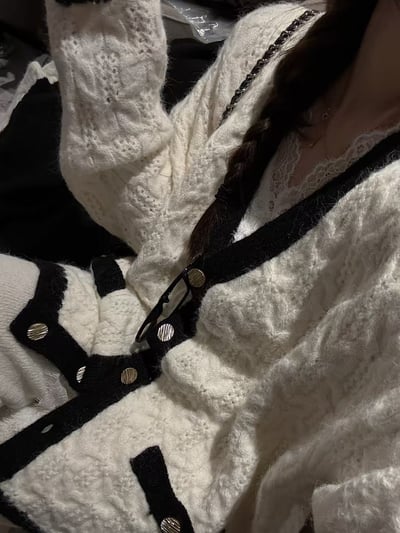 小香風拼色麻花大开衫長褲套裝15