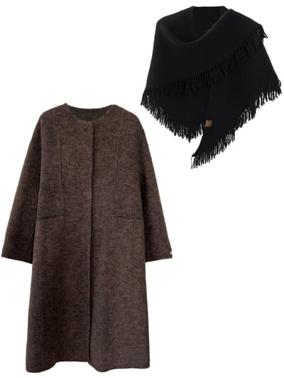 羊毛雙面圓領長大衣配流蘇圍巾5