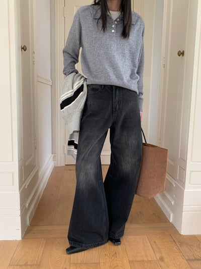 美式復古雪花水洗黑闊腿牛仔褲5