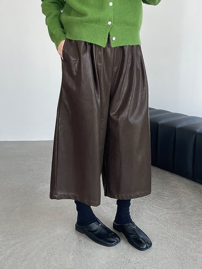 八分皮質顯瘦高腰百搭闊腿褲6