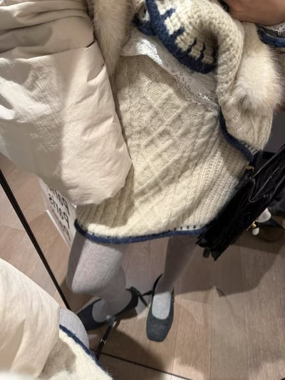 v領拼色針織小翻領絞花套裝12