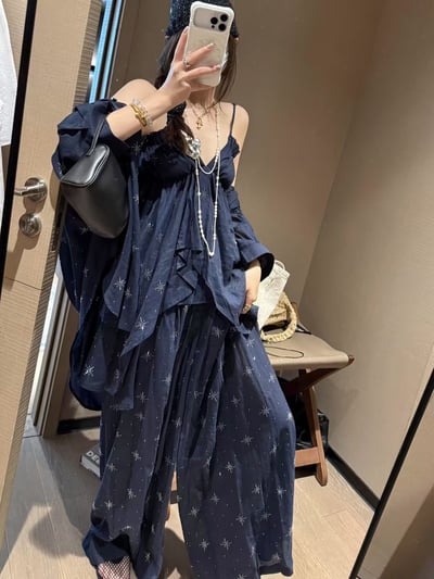 燙鑽不規則吊帶背心亞麻長褲8