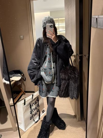 牛絨櫻桃開衫中半身裙套裝4