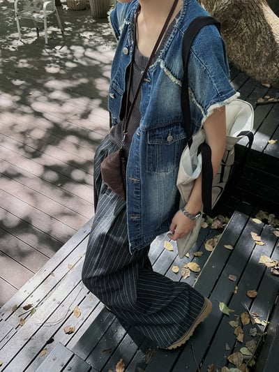 復古毛邊牛仔馬甲美式水洗1