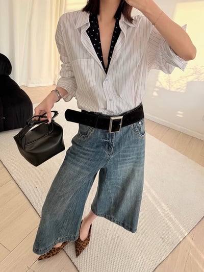 春季清爽豎條紋翻領襯衫寬鬆休閒上衣7