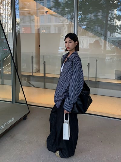 復古藏青色格紋襯衫寬鬆長袖13