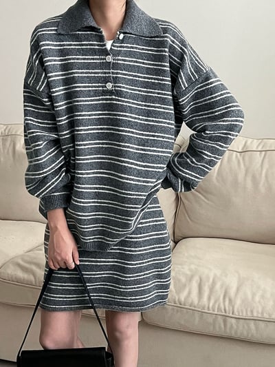條紋翻領針織衫半身裙套裝6