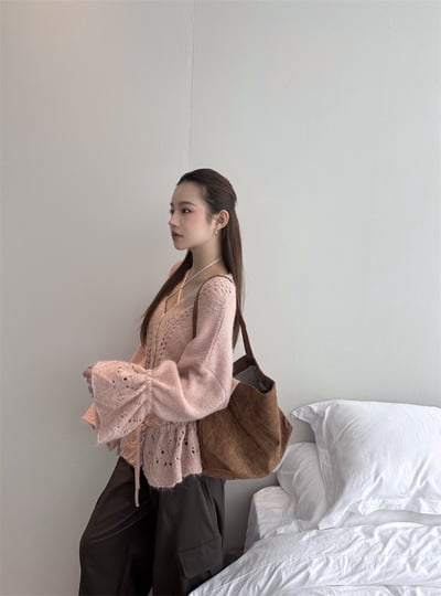 重工手工鉤花鏤空抽繩V領毛衣5