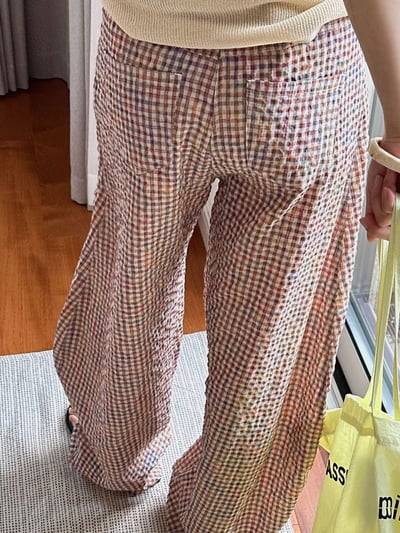 亞麻弧形闊腿格紋休閒褲輕薄透氣輪廓長褲9