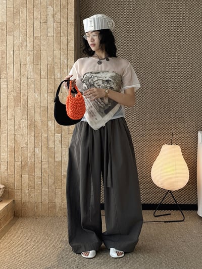 鬆弛感高腰褶皺闊腿配腰帶長褲7