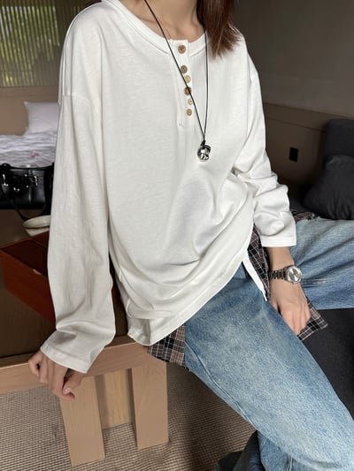 簡約不規則扣捲邊純色長袖T4