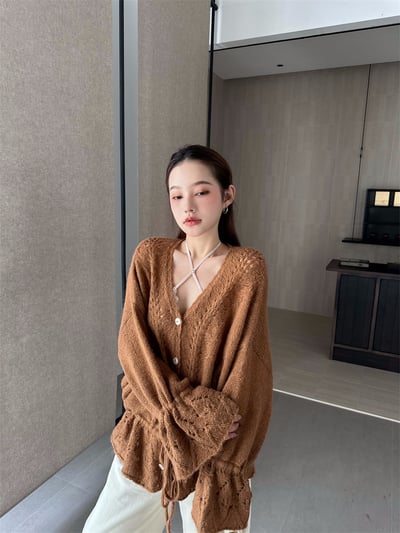 重工手工鉤花鏤空抽繩V領毛衣13