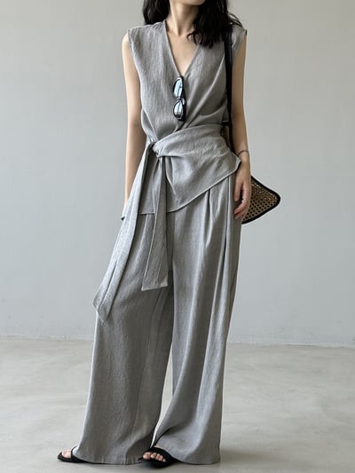 V領亞麻綁帶收腰無袖長褲套裝3
