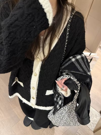 小香風拼色麻花大开衫長褲套裝3