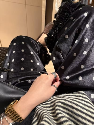 鬆緊腰加絨花邊波點九分褲7