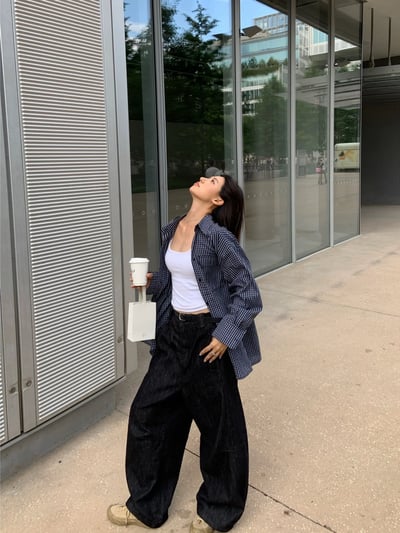 復古藏青色格紋襯衫寬鬆長袖2