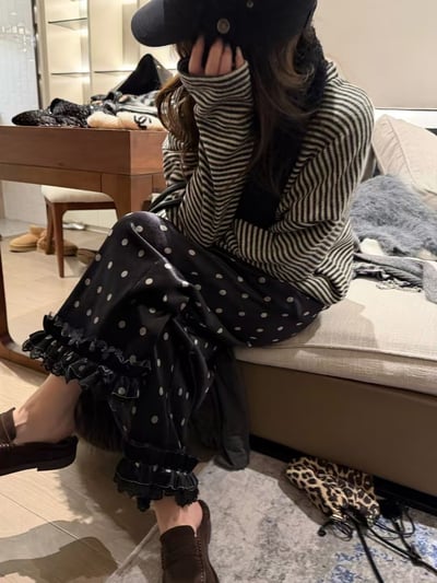 鬆緊腰加絨花邊波點九分褲8