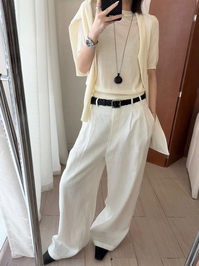 春季羊毛短袖圓領針織開襟衫薄外套兩件式16