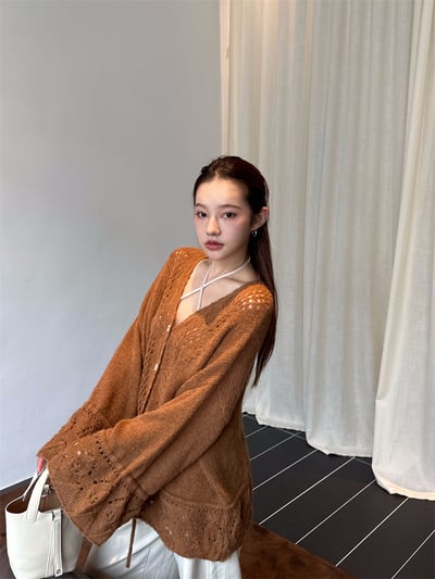 重工手工鉤花鏤空抽繩V領毛衣8