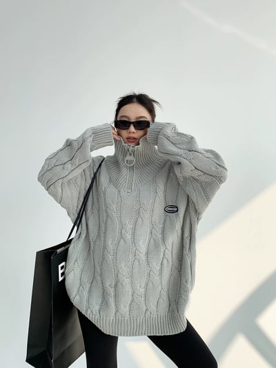 厚針織寬鬆大拉鍊立領毛衣1