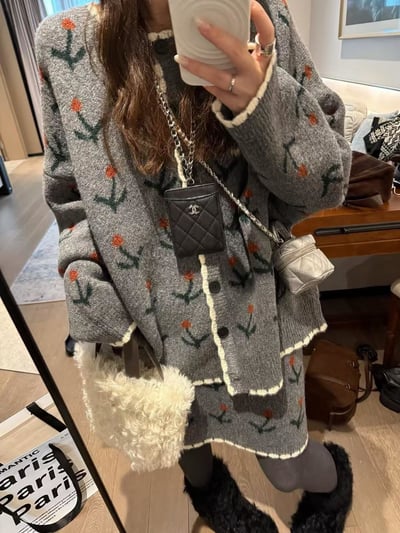 牛絨櫻桃開衫中半身裙套裝3