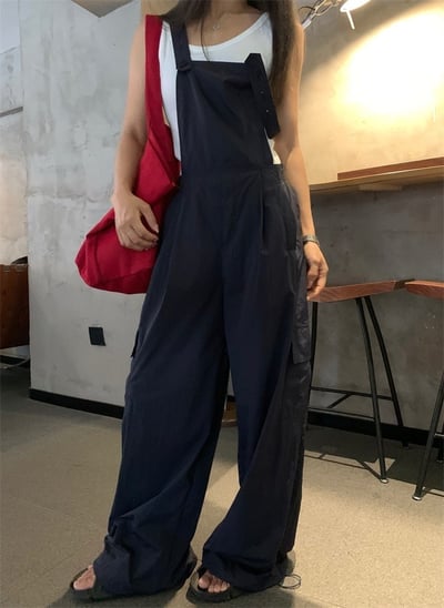 大推~夏款寬鬆闊腿工裝背帶褲清爽休閒長褲9