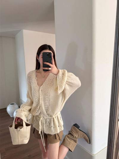 重工手工鉤花鏤空抽繩V領毛衣22