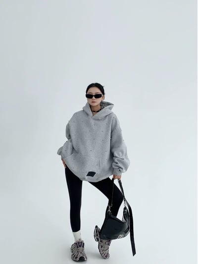 重磅小眾釘珠加絨連帽T2