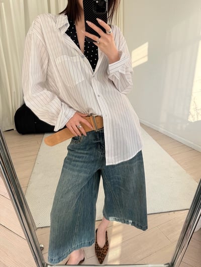 春季清爽豎條紋翻領襯衫寬鬆休閒上衣5