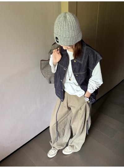 翻領拼格牛仔馬甲下擺繫帶3