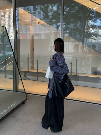 復古藏青色格紋襯衫寬鬆長袖12