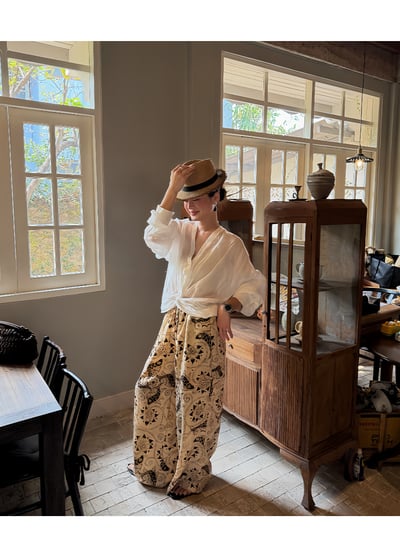 天絲民族風復古繫帶印花寬褲3