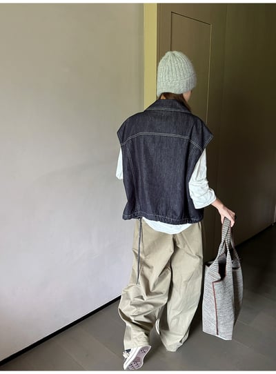 翻領拼格牛仔馬甲下擺繫帶6