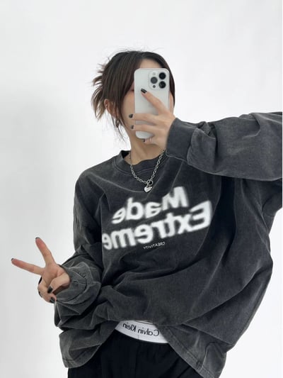 美式設計重工做舊薄長袖t恤1