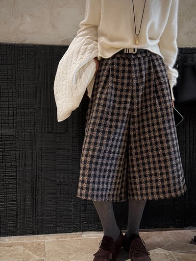 高腰磨毛格紋垂感直筒七分西裝褲2