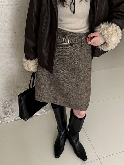 高腰毛呢腰帶寬鬆短裙6