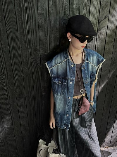 復古毛邊牛仔馬甲美式水洗5