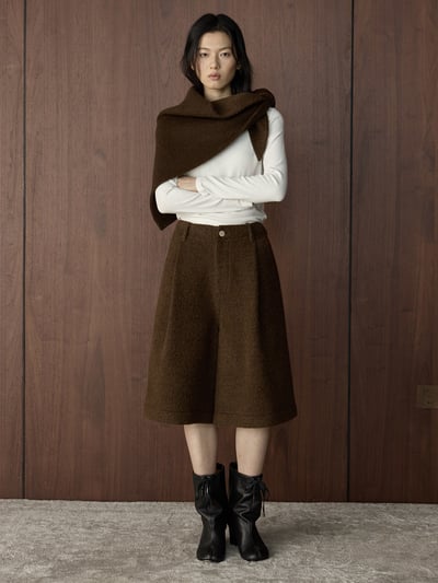 復古蓴色褶襉羊毛針織五分褲7