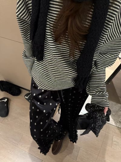 鬆緊腰加絨花邊波點九分褲3