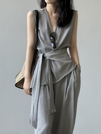 V領亞麻綁帶收腰無袖長褲套裝7