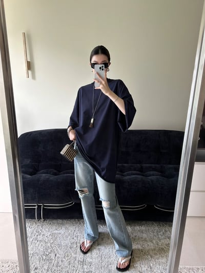 大落肩空氣輪廓中長捲邊T恤7