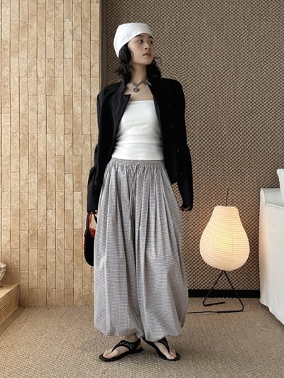 格紋氣球褲紐扣束腳長褲1