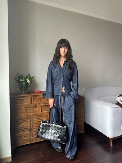 原牛可收腰落肩廓形長褲套裝4