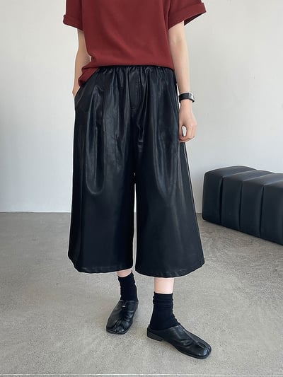 八分皮質顯瘦高腰百搭闊腿褲2