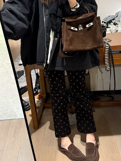 高腰鬆緊波點加絨微喇叭八分褲5