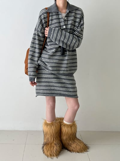 條紋翻領針織衫半身裙套裝5
